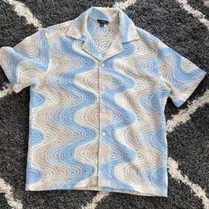 Reiss Woven Wave-Pattern Short Sleeve Shirt - Blue & Cream